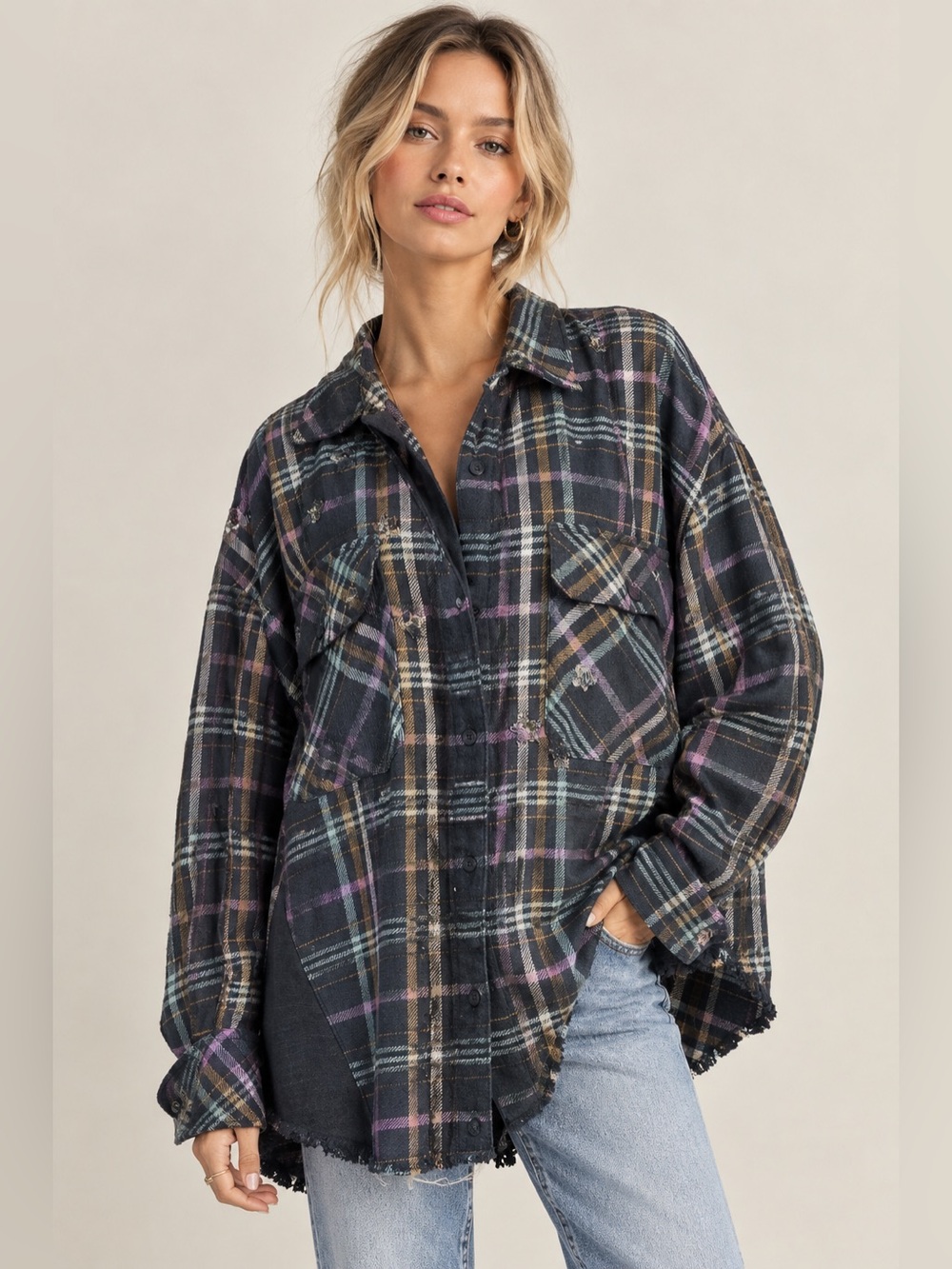 Free People Constellations Within Plaid Distressed Oversized Flannel Shirt